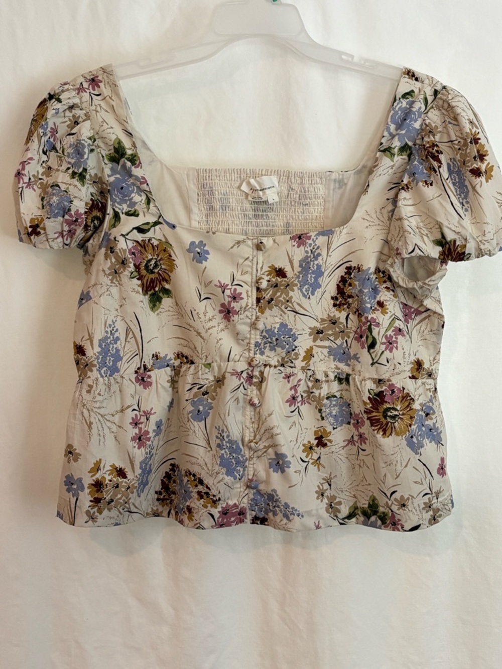 Anthropologie puff sleeve, smocked back, corset style, floral top size Large
